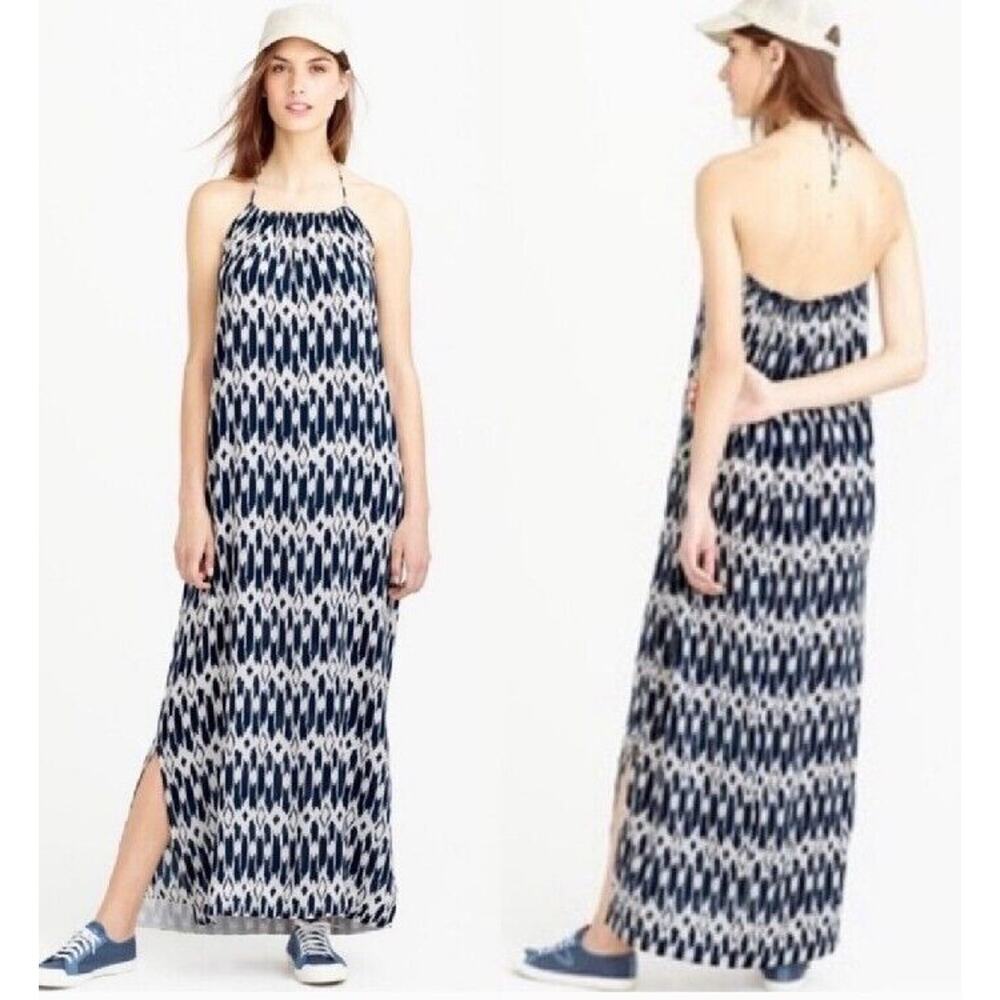 J.Crew Womens Navy Blue & White Ikat Halter Tie Maxi Dress Side Slit Size XS